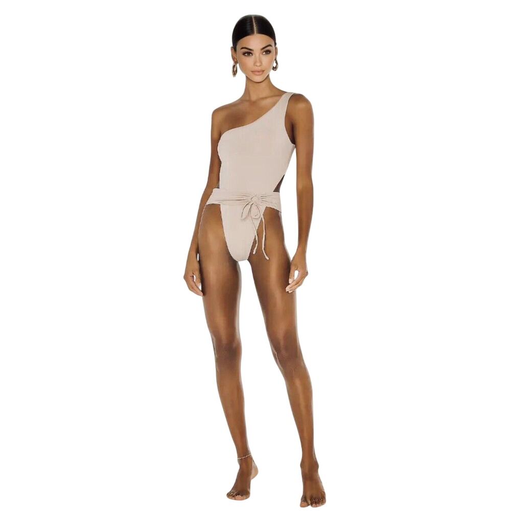 NWT Riot Swim Coconut Maddox 1-Piece 1-Shoulder Tie Waist High Leg Swimsuit SM